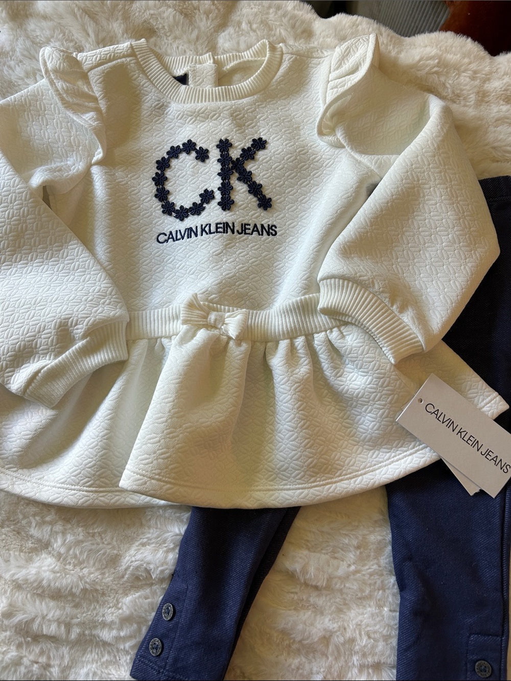 Calvin Klein Jeans Cream Quilted Peplum Top with Navy Leggings